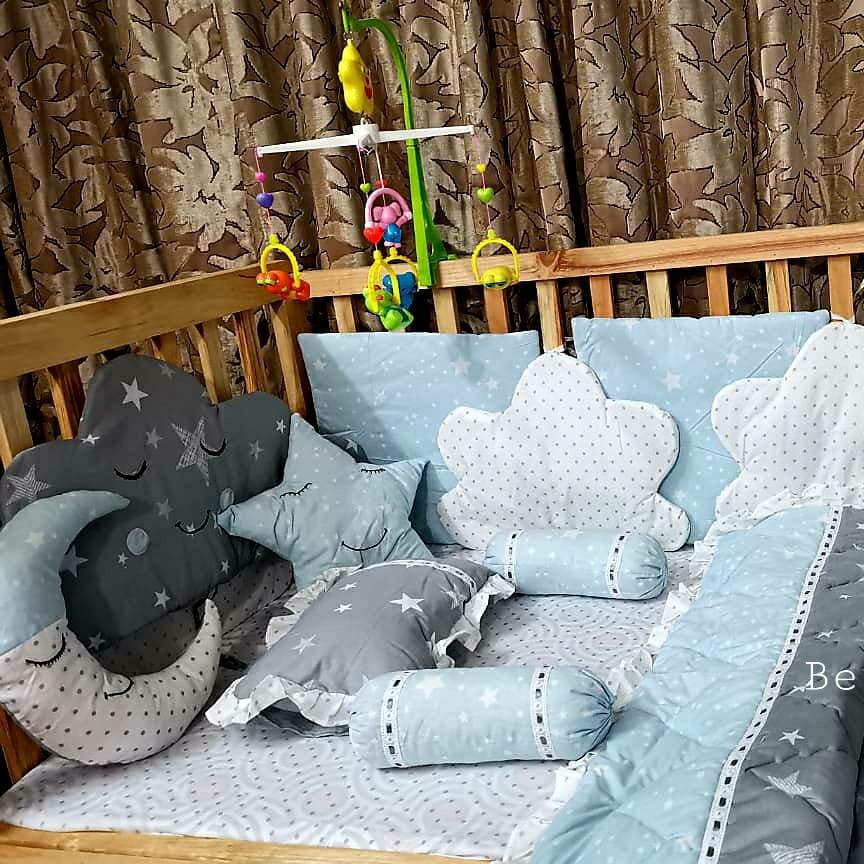 Blue And Grey Moon Star Cloud Cot Set