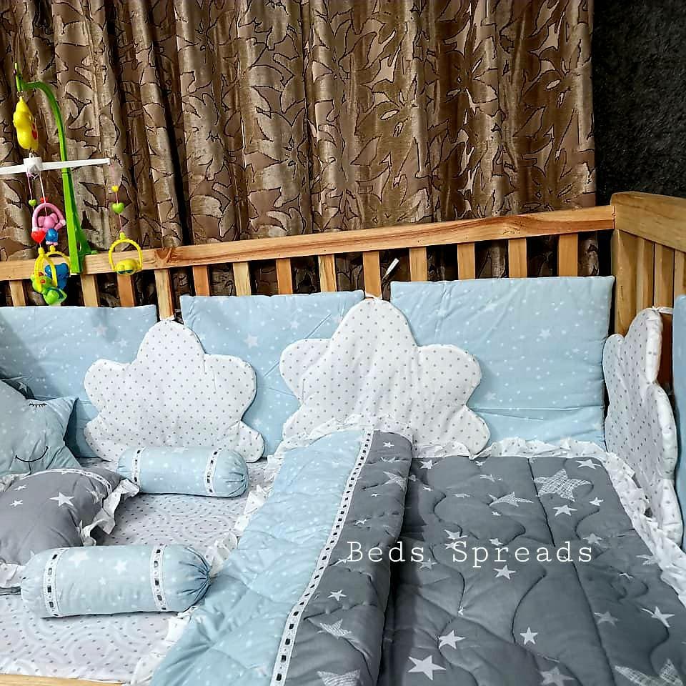Blue And Grey Moon Star Cloud Cot Set