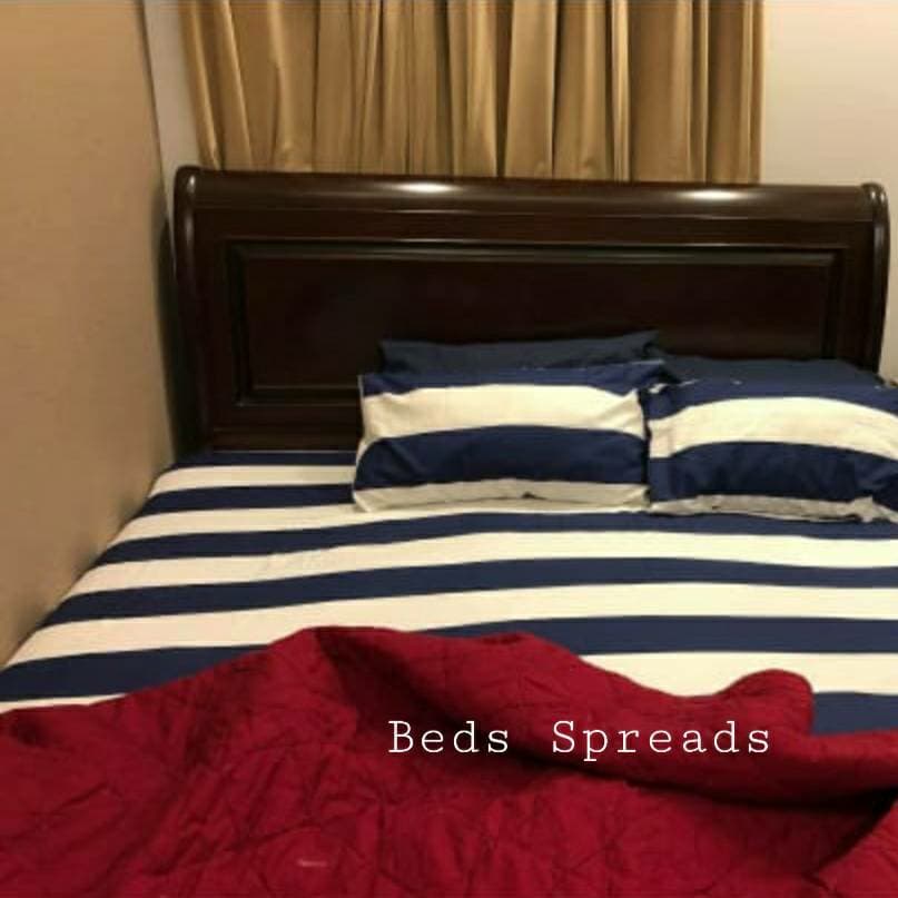 Blue And White Striped Print With Solid Red Comforter