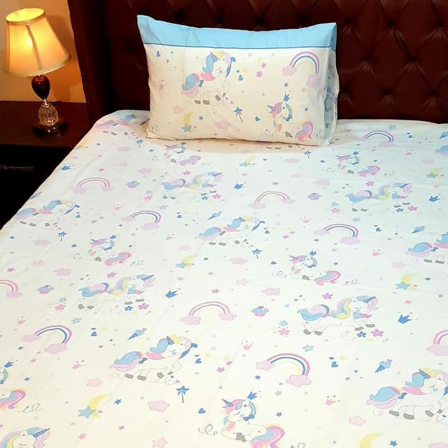 Kids Bedsheet Pink Unicorn Blue Stripes